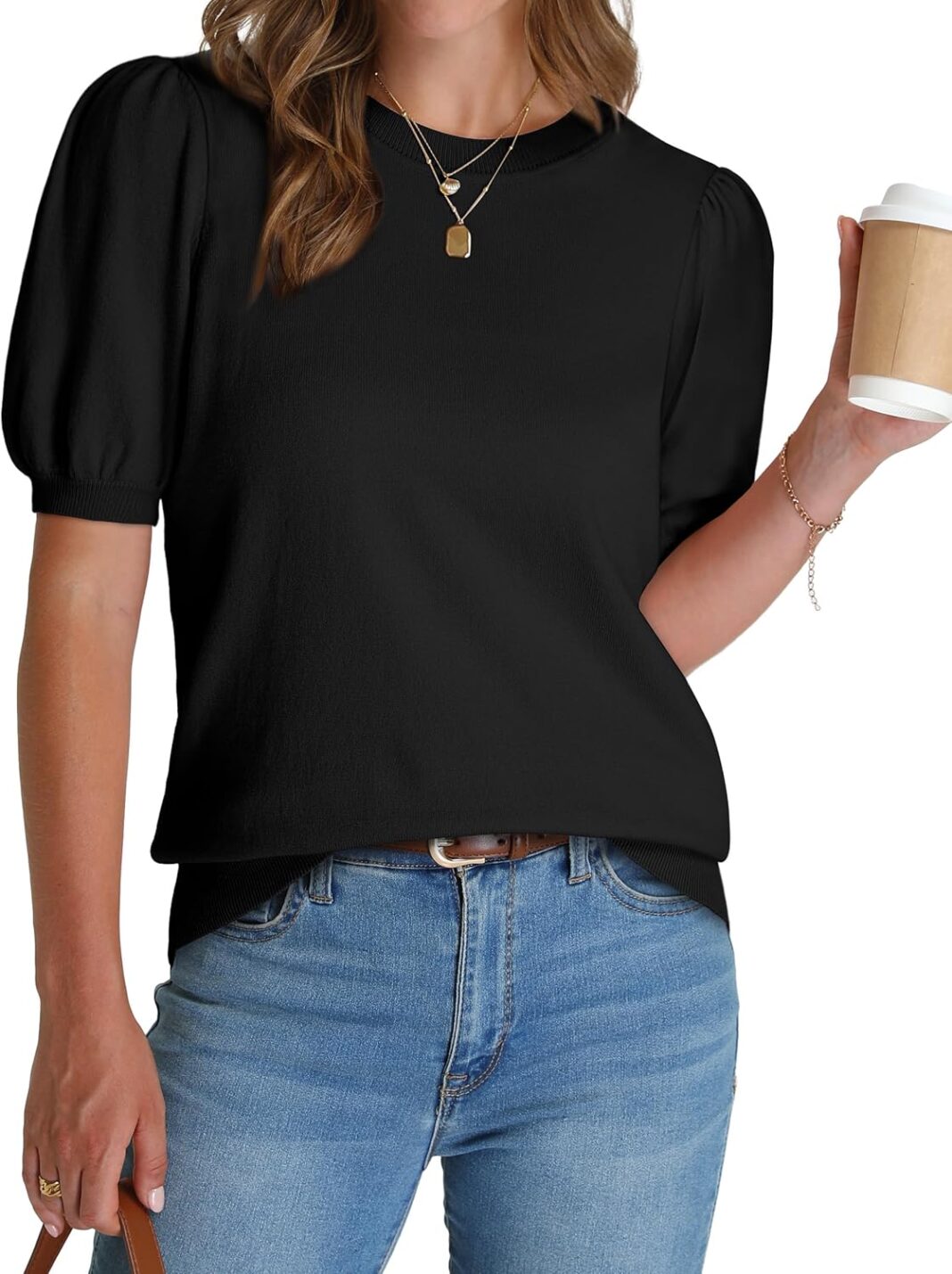 WIHOLL Women’s Puff Short Sleeve Sweater 2025 Spring Summer Tops Trendy Business Casual Outfits Work Blouses Clothes