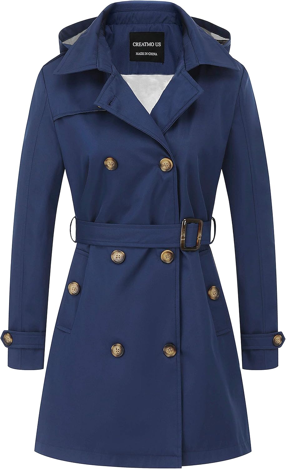 CREATMO US Women’s Trench Coat Double-Breasted Classic Lapel Overcoat Belted Slim Outerwear Coat with Detachable Hood
