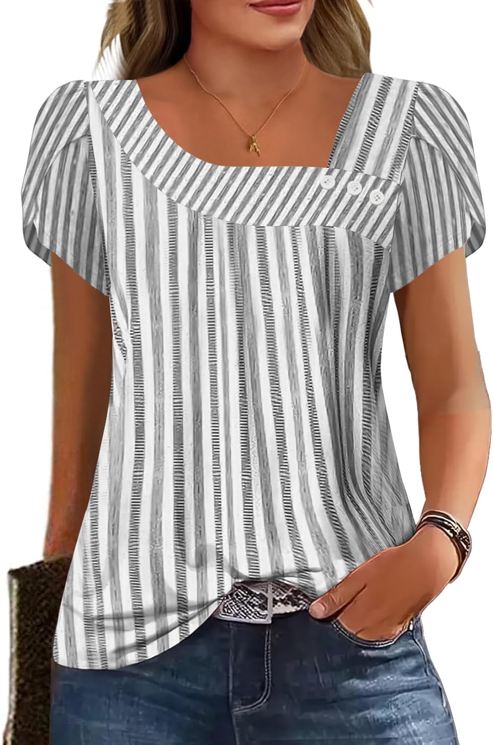 Womens Petal Sleeve Tops Summer Trendy T Shirt Casual Loose Square Neck Button Blouse Tees