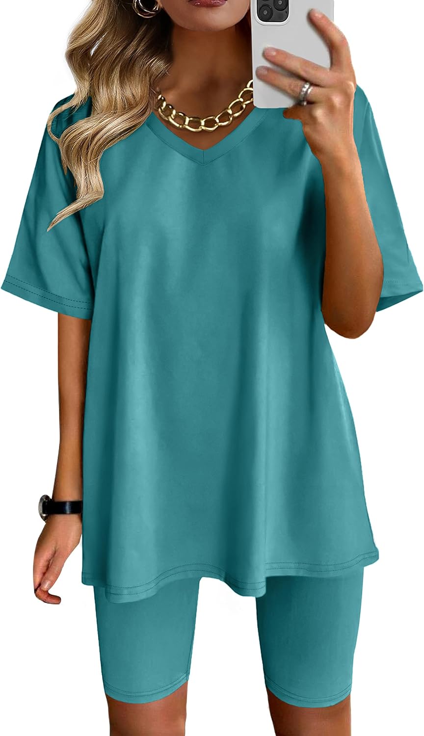 AGSEEM Two Piece Outfits For Women Summer V Neck T-Shirt Tops Biker Shorts Workout Sports Tracksuit