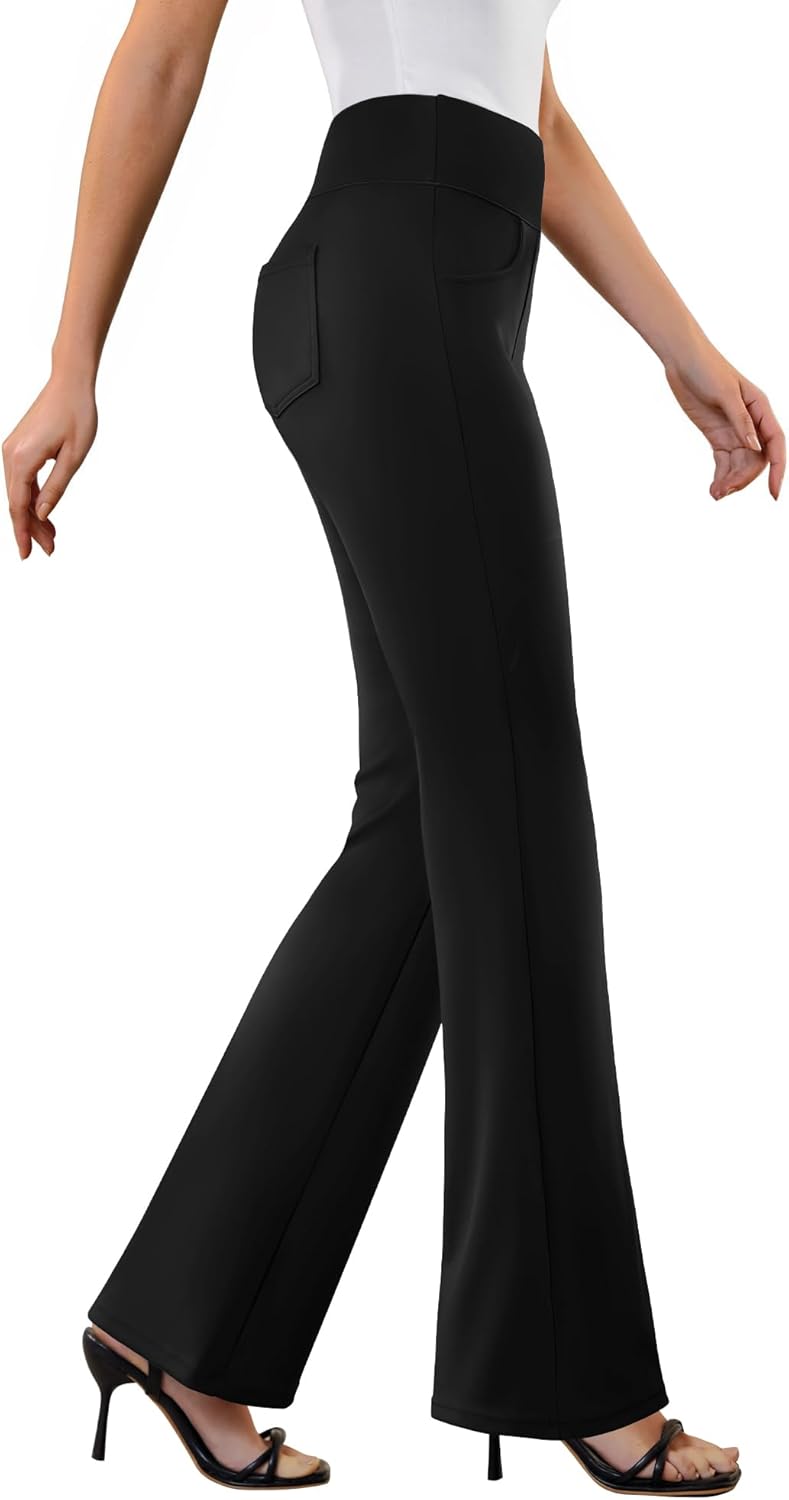 Womens Dress Pants Stretchy Work Pants Business Casual Office Trousers Pull On Flare Slacks with 4 Pockets