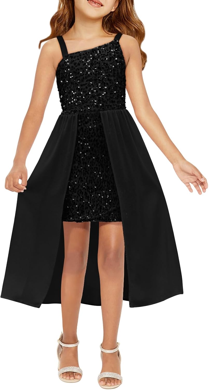 Haloumoning Girls Sequin Dress Kids Formal Sparkly One Shoulder Prom Party Dresses 4-14 Years