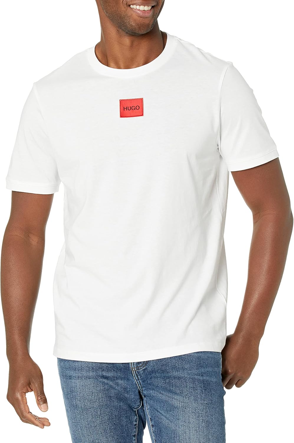 HUGO Mens Ribbed Crew Neck Regular Fit Center Logo T-Shirt