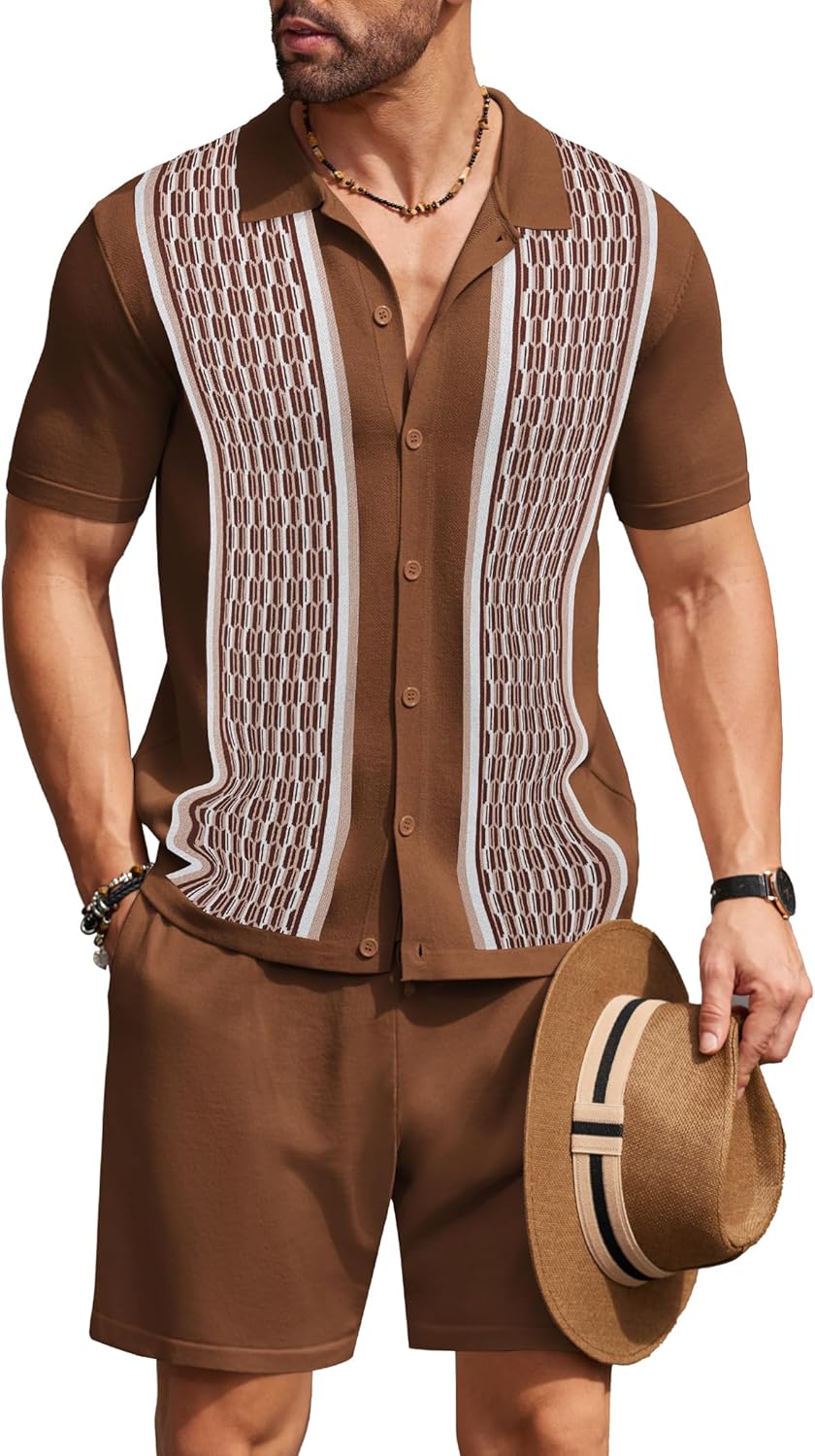 COOFANDY Men’s 2 Piece Outfit Vintage Short Sleeve Button Down Knit Polo Shirts Casual Beach Shorts Sets