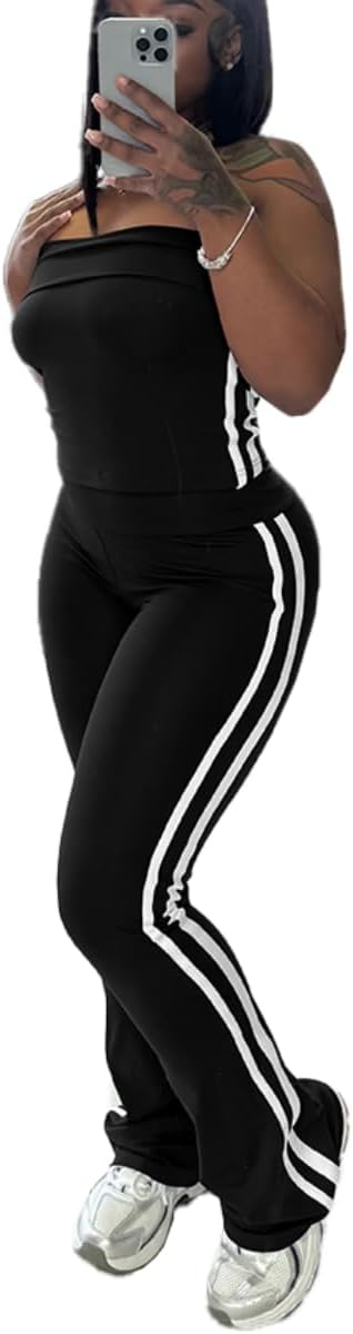 HBQ Women Two Piece Outfits Strapless Crop Top and Flare Pants Casual Stripe Lounge Sets Tracksuits Black M