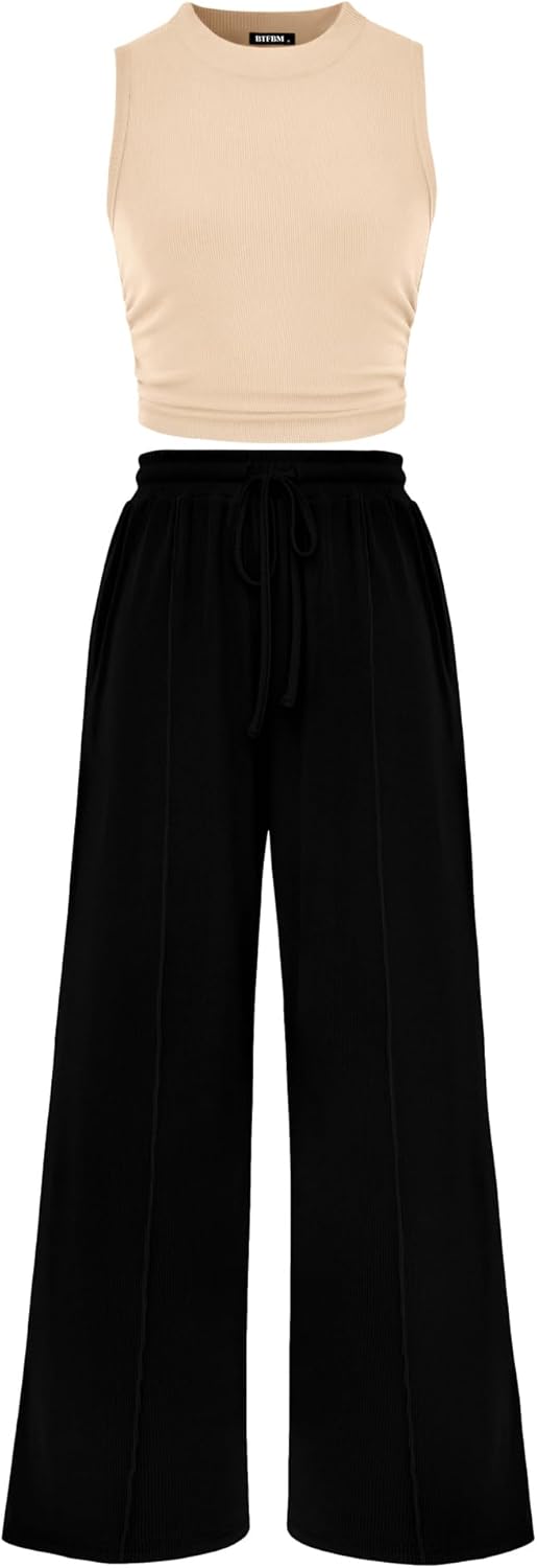 BTFBM Summer Outfits For Women 2026 Cropped Sleeveless Tank Tops Wide Leg Pants 2 Piece Sets Beach Lounge Set Clothing