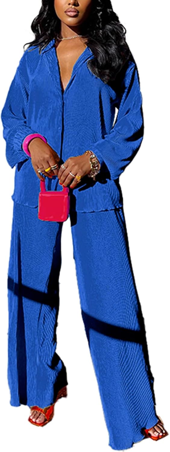 kaimimei Casual 2 Piece Outfit for Women – Linen Long Sleeve Button Down Shirt + Flare Pleated Wide Leg Pants Sets Streetwear