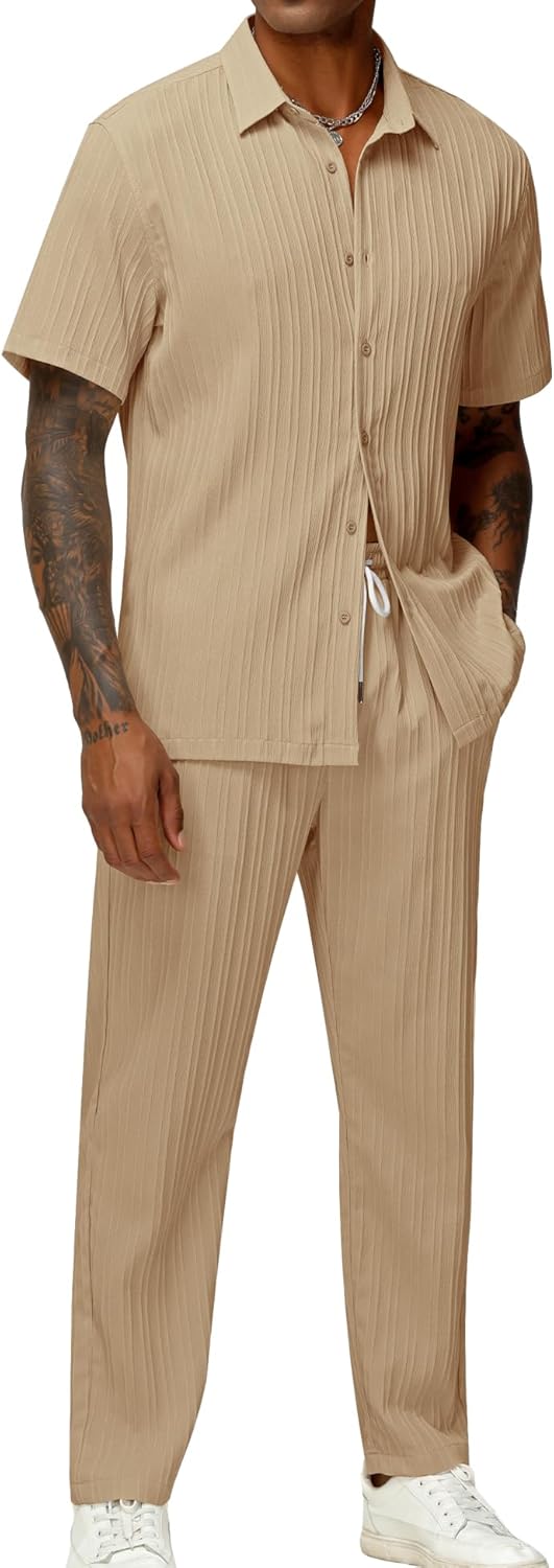 LecGee Men’s 2 Piece Vertical Striped Textured Outfits Summer Casual Button Down Shirts And Pants Matching Sets