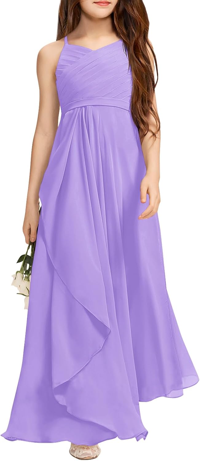 Imily Bela Girls A-Line Halter Dress Junior Bridesmaid Flower Girl Flowy Chiffon Maxi Dresses Wedding Party Pageant Gown