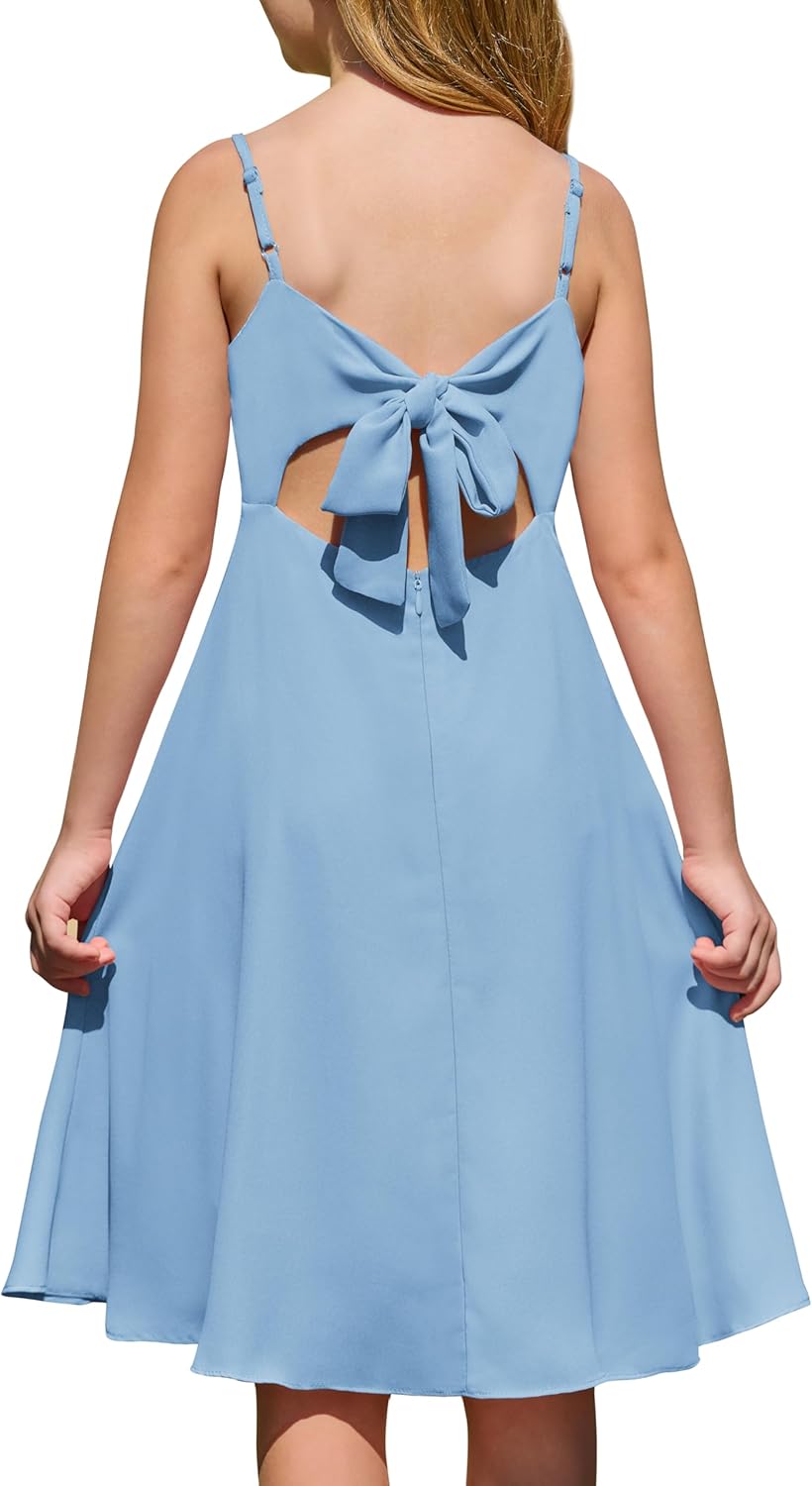 Yousify Girls’ Dress Square Neck Summer Tie Back Spaghetti Straps Elegant Chiffon A-line Party Dress 7-14 Years
