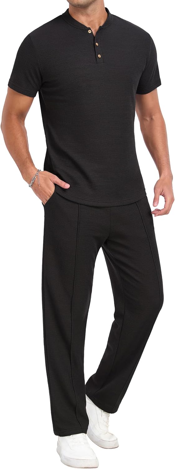 PrinStory Men’s Short Sleeve Outfits Waffle Knit Henley Shirt and Pants Set Casual 2 Pieces Summer Tracksuits with Pockets
