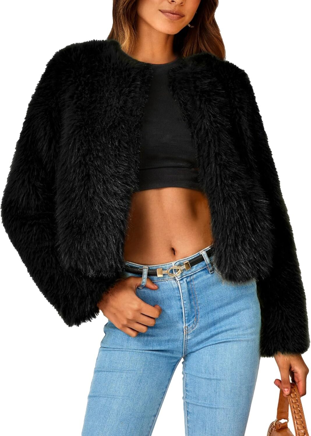 PRETTYGARDEN Women’s 2025 Winter Coats Fleece Cropped Jacket Faux Fur Long Sleeve Pockets Shaggy Warm Outerwear Fall Clothes