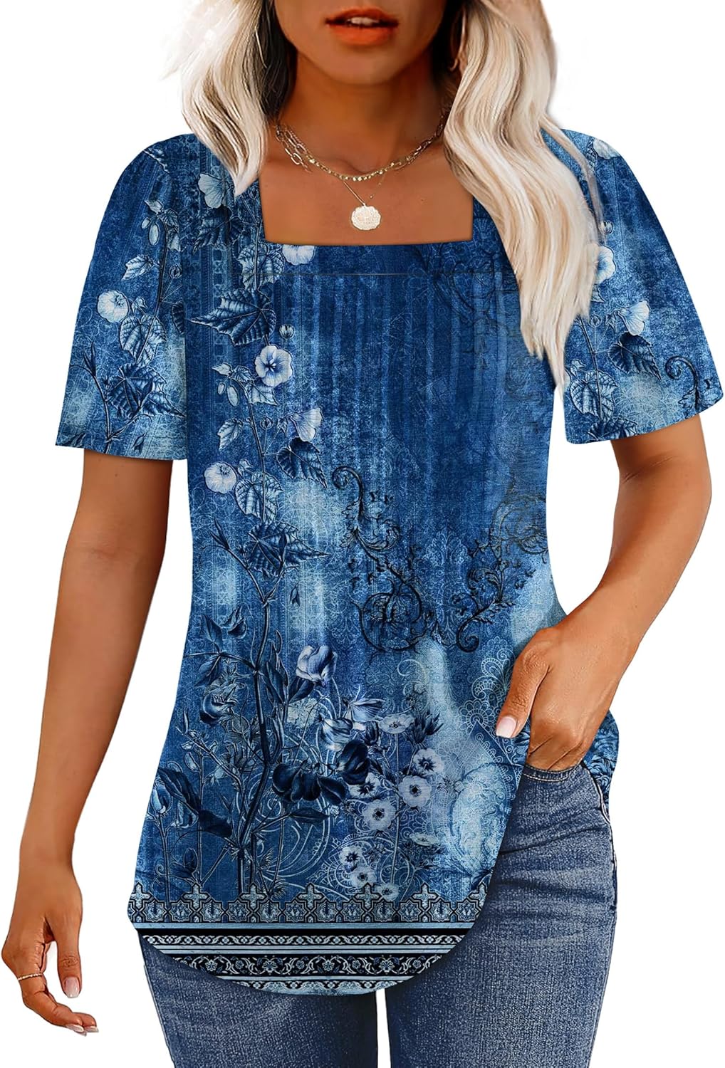 OFEEFAN T Shirts for Women Pleated Square Neck Dressy Casual Blouses Puff Short Sleeve Summer Tops Loose Fit