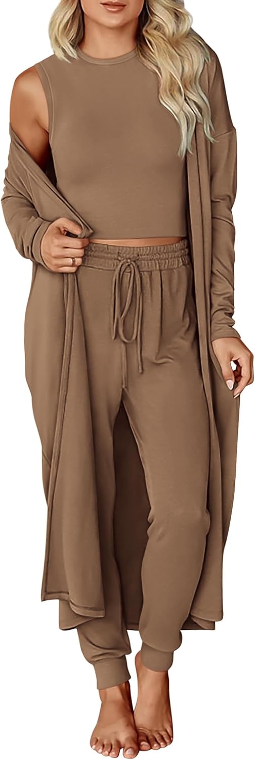 KIRUNDO 3 Piece Lounge Sets for Women Airport Travel Vacation Outfits Spring Cardigan Matching Sleeveless Top Jogger Pants