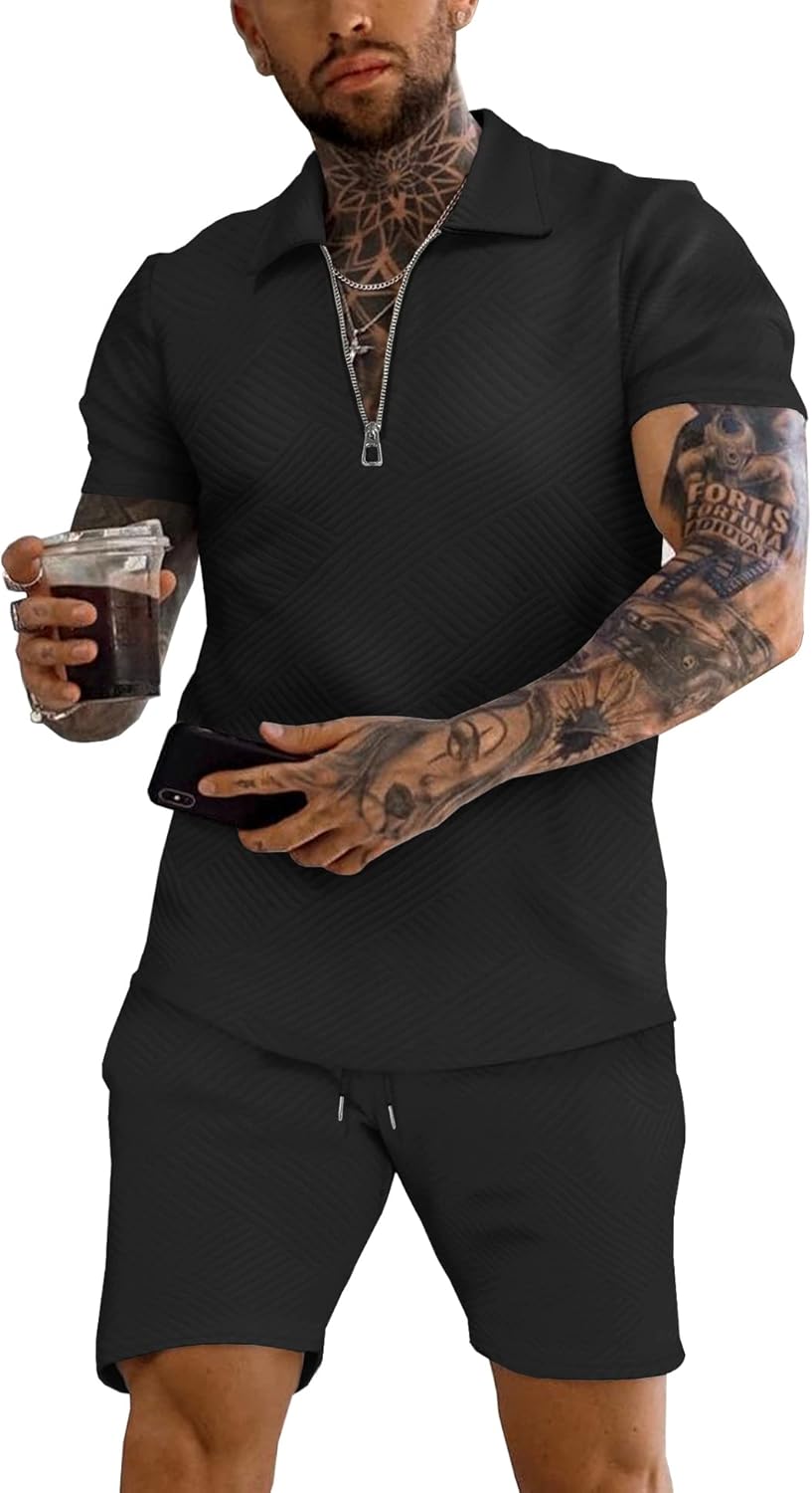 URRU Men’s Polo Shirt and Shorts Set 2 Piece Summer Outfits 3D Textured Short Sleeve Track Suit