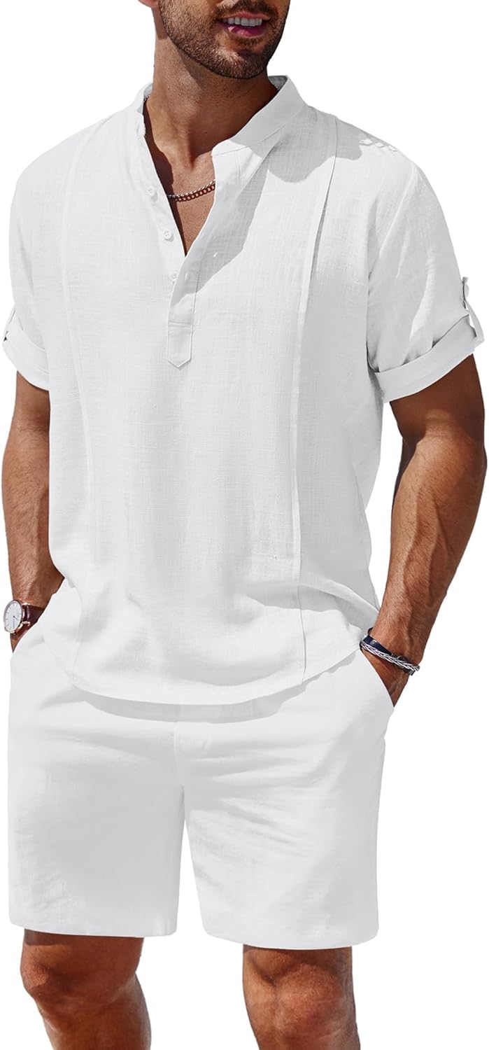 COOFANDY Men’s 2 Pieces Linen Set Henley Shirt Short Sleeve and Shorts Summer Beach Yoga Matching Outfits