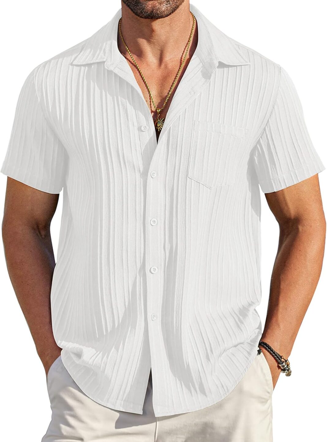 COOFANDY Men’s Casual Button Down Shirts Short Sleeve Textured Summer Beach Shirt with Pocket