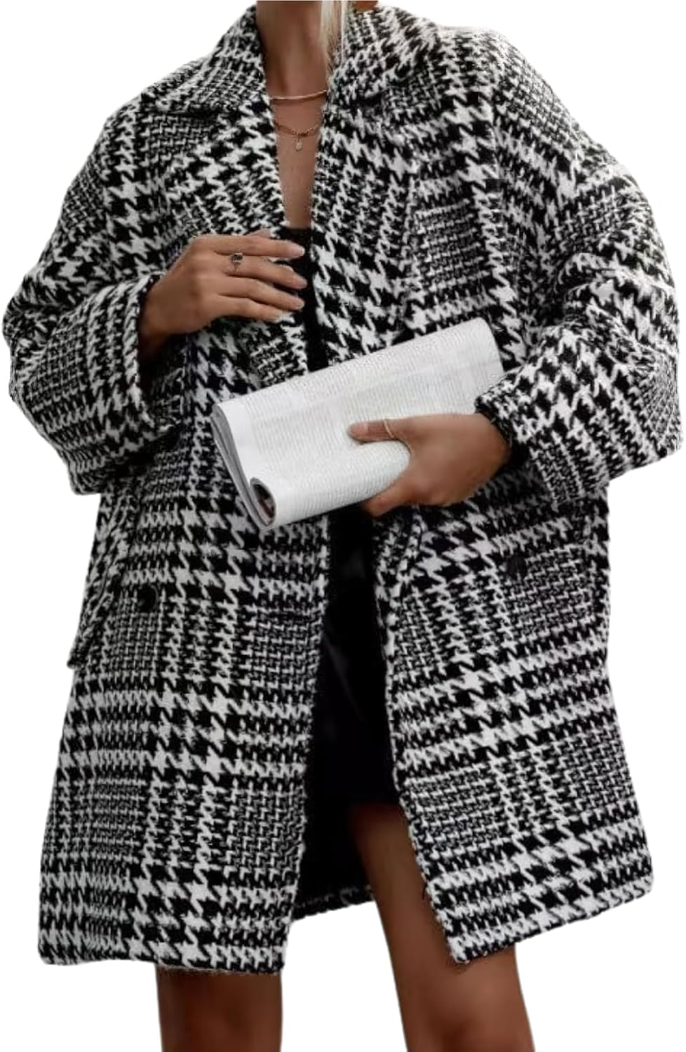 CHOUYATOU Women Winter Houndstooth Wool Blend Coat Notch Lapel Loose Warm Mid Long Double Breasted Peacoat