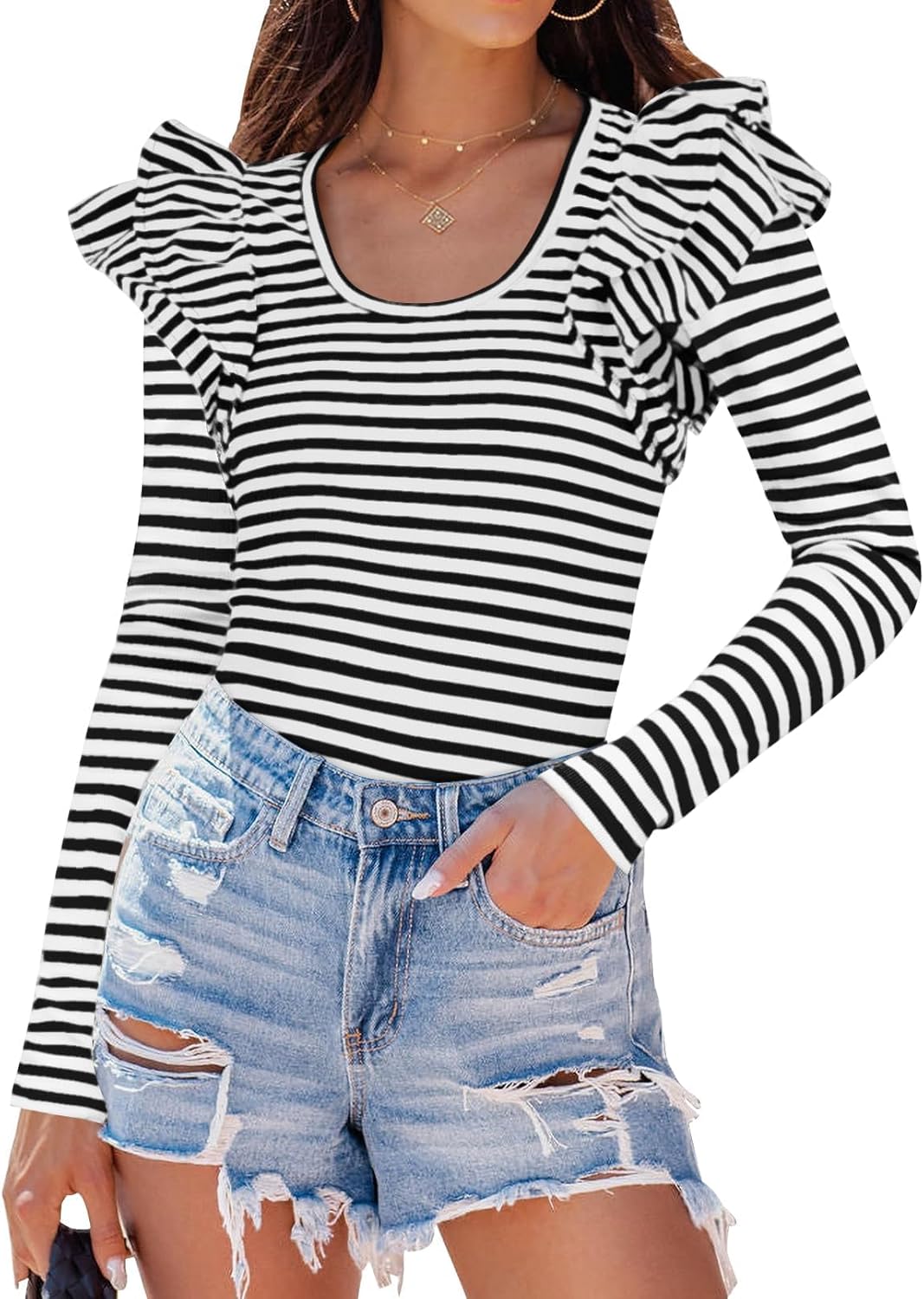 ZESICA Womens Ruffle Long Sleeve Scoop Neck Shirt Striped Slim Fitted Casual Basic Tee Tops Trendy Spring Clothes