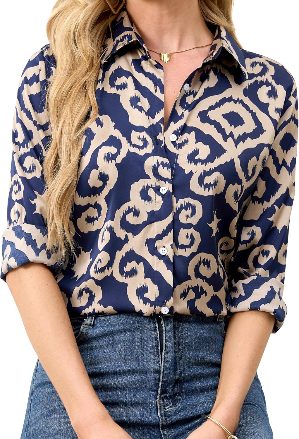 Wrinkle-Resistant Women Silky Button Down Shirts Fashion Printed Long Sleeve Blouse Dressy Casual Tops