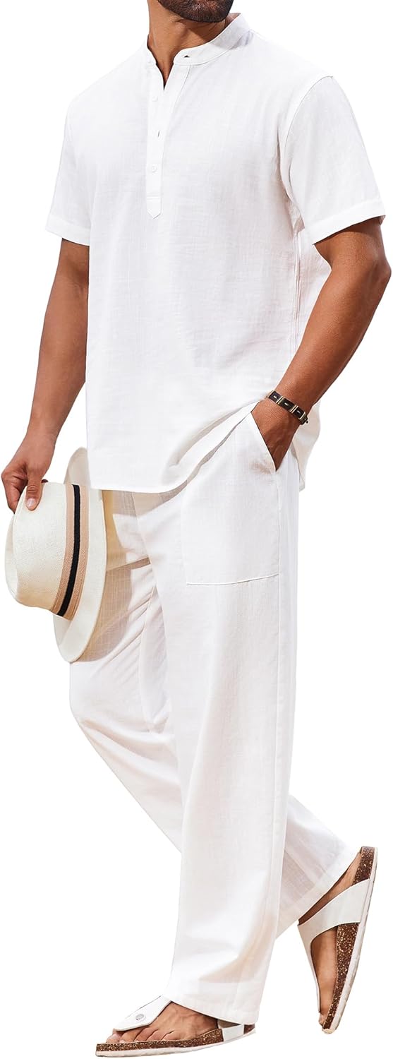 COOFANDY Men’s 2 Piece Cotton Sets Casual Short Sleeve Henley Shirts and Beach Pants with Pockets Summer Vacation Outfits