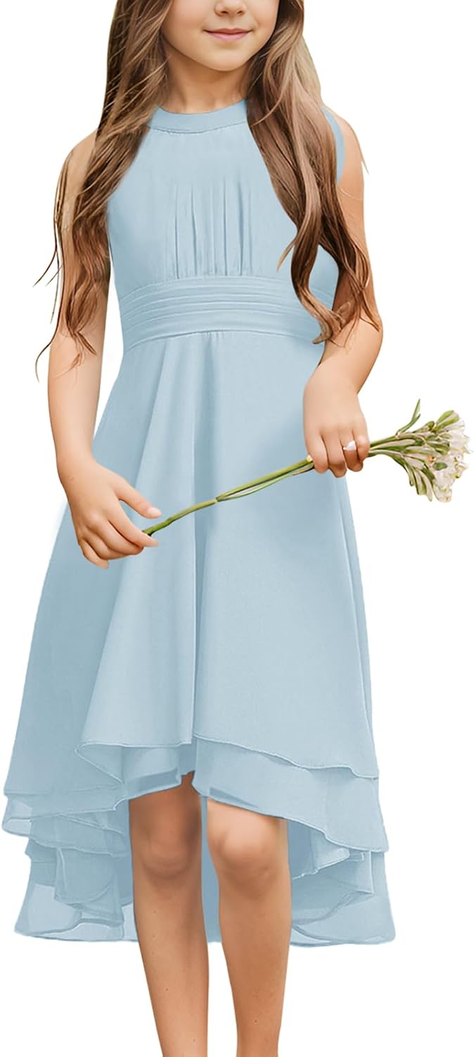 Chiffon Flowy Dresses Flower Girls Asymmetrical with Ruffles Sleveless Swing Party Gowns A-Line Dress…