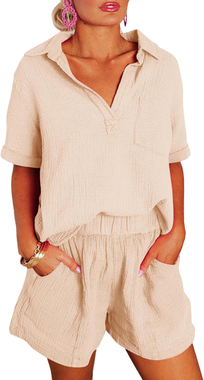 Dokotoo Women’s Two Piece Outfits V Neck Short Sleeve Shirts and High Waist Shorts Lounge Sets