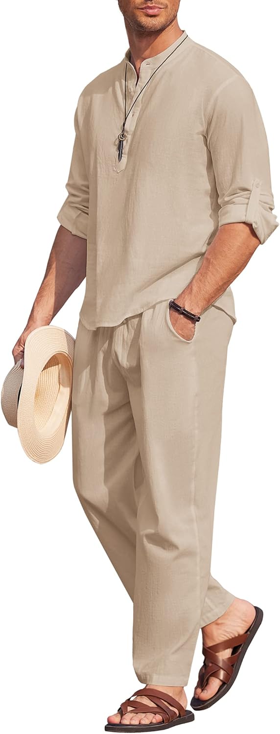 COOFANDY Men’s 2 Pieces Cotton Linen Set Long Sleeve Henley Shirts Casual Beach Pants With Pockets Summer Yoga Outfits