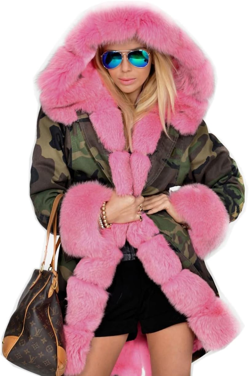 Roiii Women Thicken Warm Winter Coat Hood Down Parka Fleece Fur Outdoor Overcoat Long Jacket Outwear