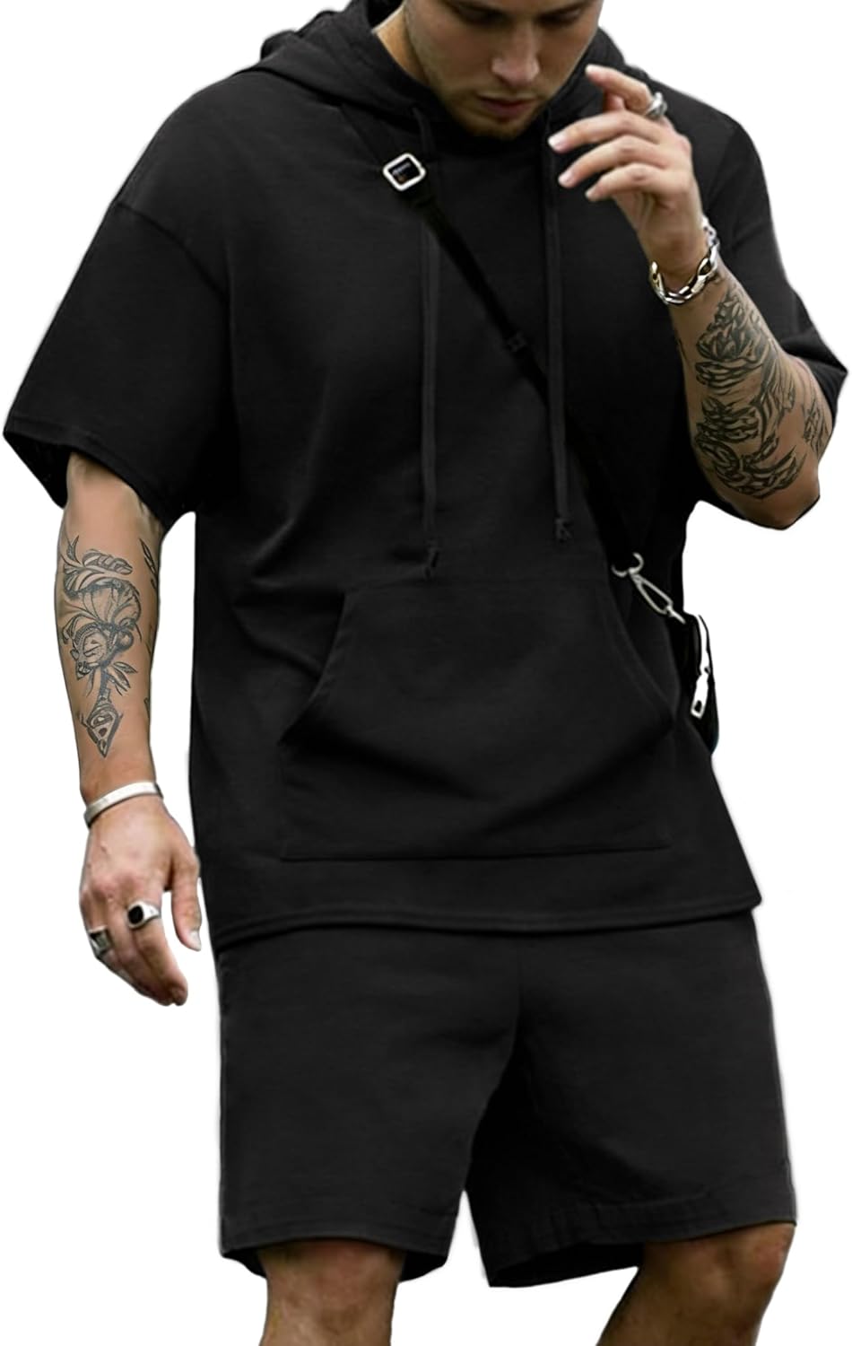 COOFANDY Men’s Tracksuit 2 Piece Hooded Athletic Sweatsuit Short Sleeve Casual Sports Hoodie Shorts Set