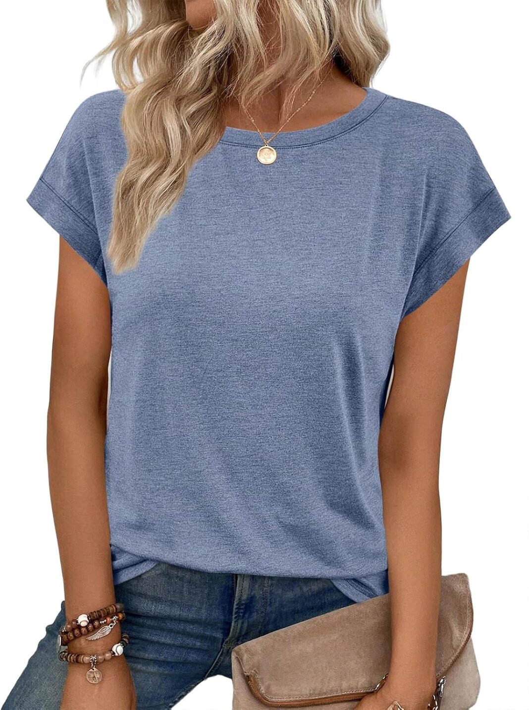 ATHMILE Womens Tops Basic T Shirts Summer Business Dressy Casual Cap Sleeve Tee Cute Clothes Trendy Fashion Outfits Greyblue L