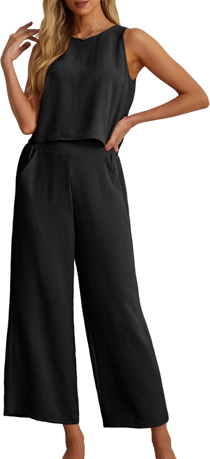IWOLLENCE Women’s Summer 2 Piece Outfits Set Round neck Sleeveless Tank Crop Top Wide Leg pants Set Pockets Jumpsuits