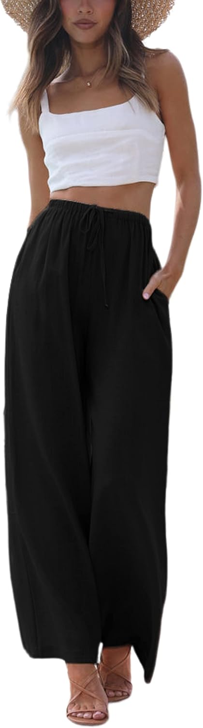 Faleave Women’s Cotton Linen Summer Palazzo Pants Flowy Wide Leg Beach Trousers with Pockets