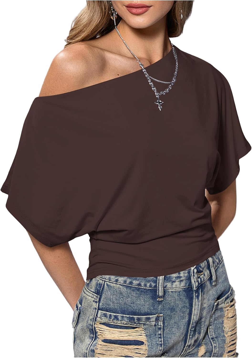 SweatyRocks Women’s Off The Shoulder Crop Tops Asymmetrical Y2K Going Out Top Dolman Short Sleeve 2026 Summer Trendy Clothes