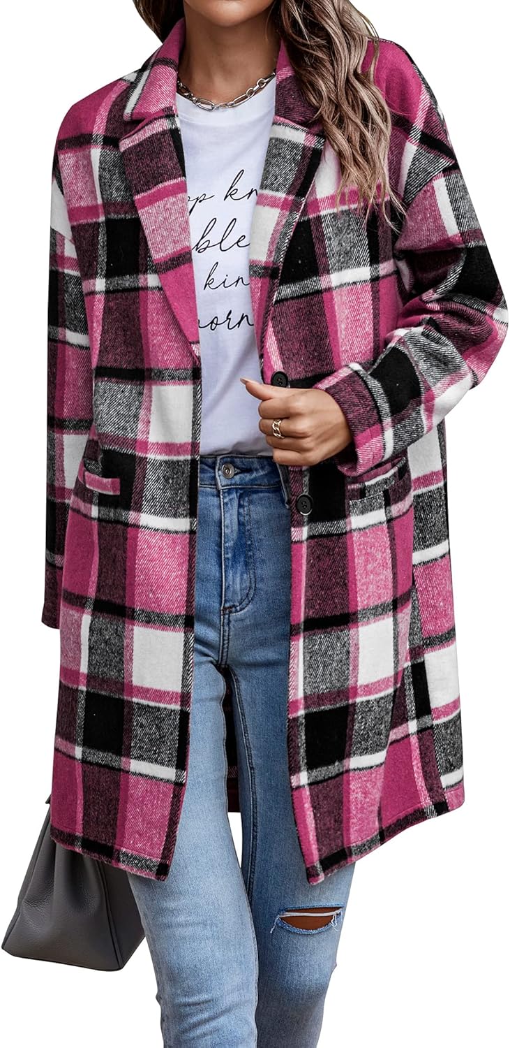 PRETTYGARDEN Women Plaid Shacket Jacket Trendy Fall Casual Button Wool Blend Tartan Trench Coat Winter Clothing with Pockets