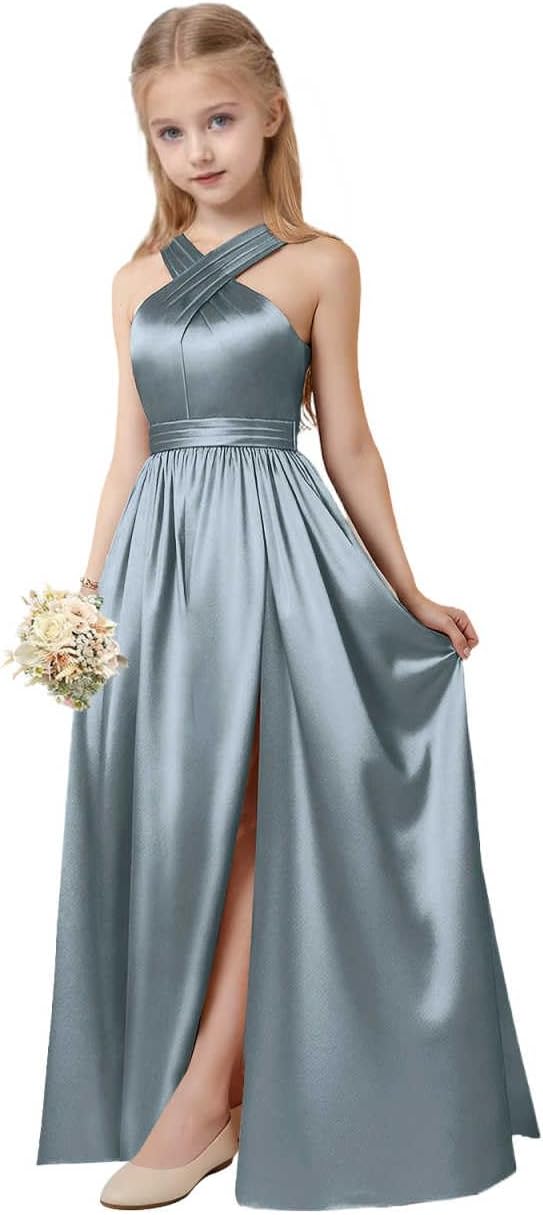 Junior Girls Bridesmaid Halter jr Bridesmaid Dresses for Teens Split Satin Flower Girl Formal Gown for Wedding