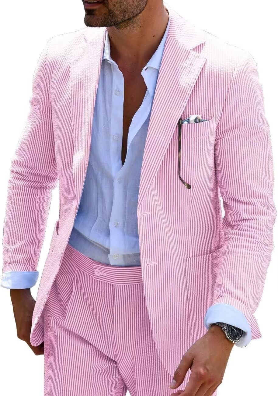 Mens Blue Seersucker Summer Suits Grooms Sear Sucker Suit for Wedding Mens Formal Suits Slim Fit