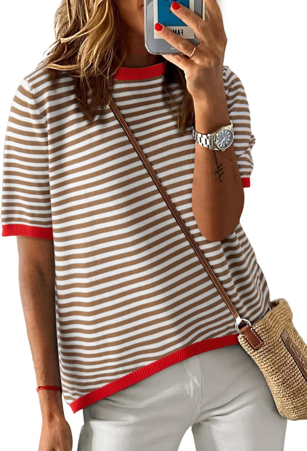 Dokotoo Womens Tops 2026 Casual Summer Crewneck Short Sleeve Striped Color Block Knit High Low Trendy Pullover Sweaters