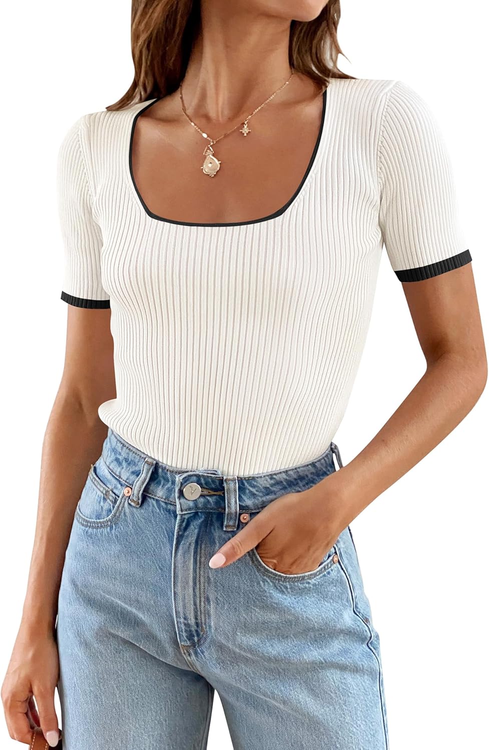 ZESICA Women’s Short Sleeve Square Neck Color Block T Shirt 2026 Summer Slim Fit Ribbed Knit Basic Tee Tops